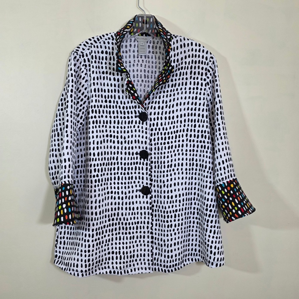 Multiples Women Jacket Abstract Dash Print‎ Contrast Polka Dot Button Up Size M